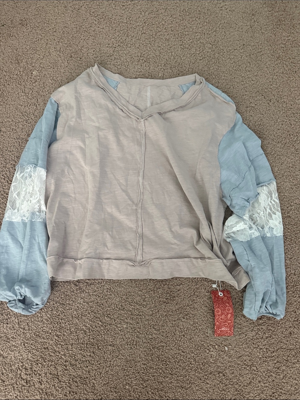 SHEIN Two-Tone Lace Sleeve Pullover in Taupe and Light Blue